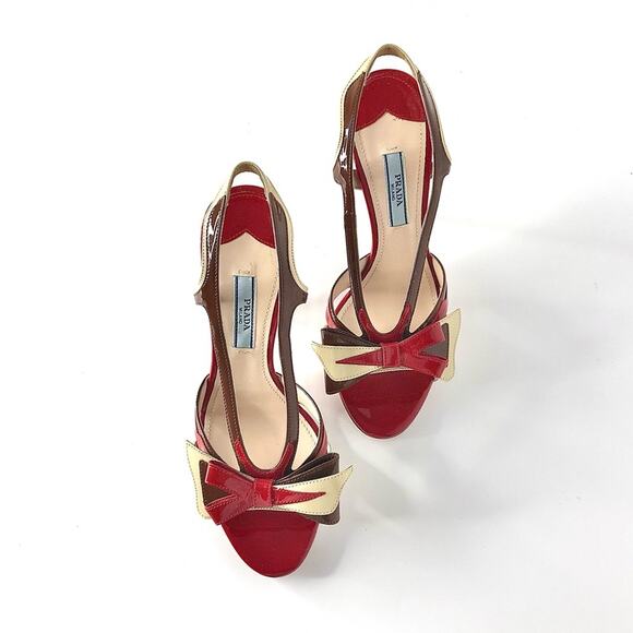 Prada S2012 Flame Red Patent Leather Bow Hotrod Strappy Heeled Sandals 36.5 - Picture 3 of 9